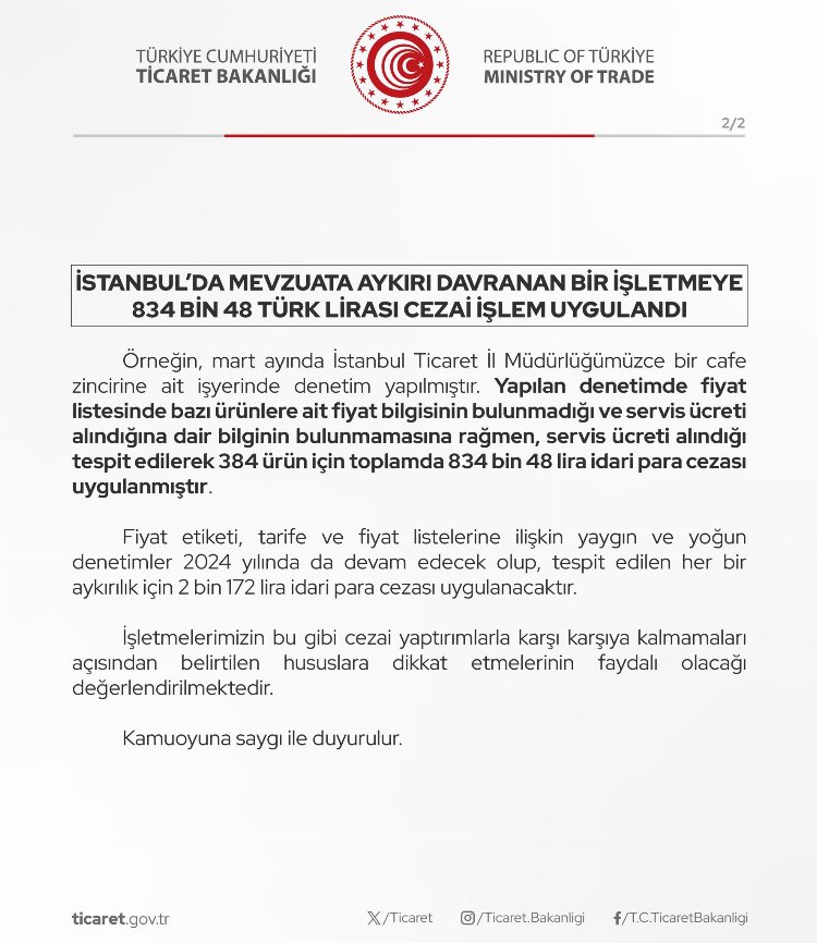 Ticaret'ten restoranlara servis ücreti uyarısı!