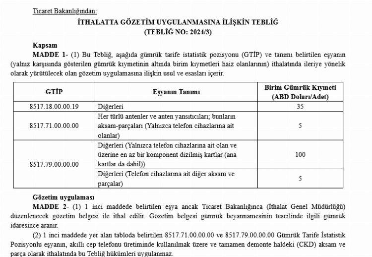 Ticaret'ten bazı telefon aksamları ithalatına gözetim