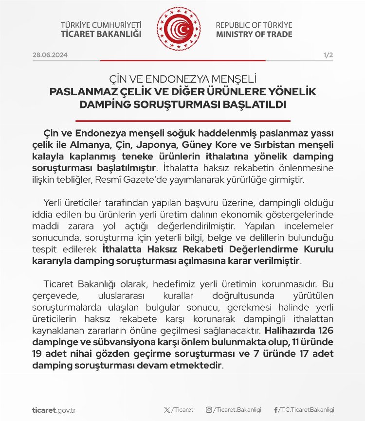 Ticaret'ten paslanmaz çelikte damping soruşturması!