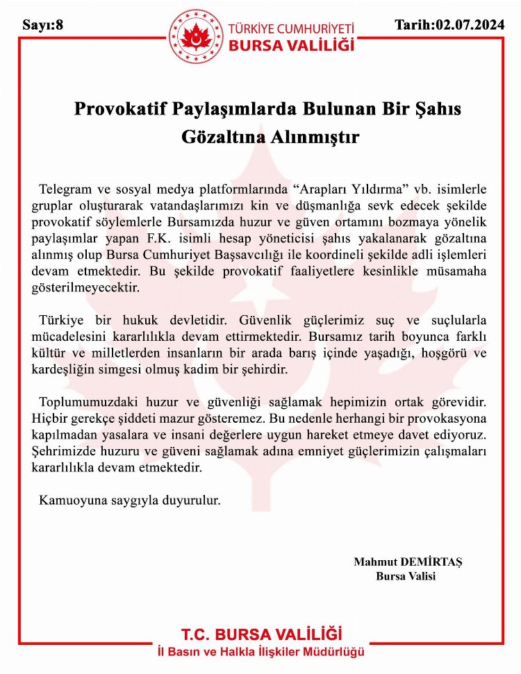 Bursa'da provokatif paylaşıma gözaltı!