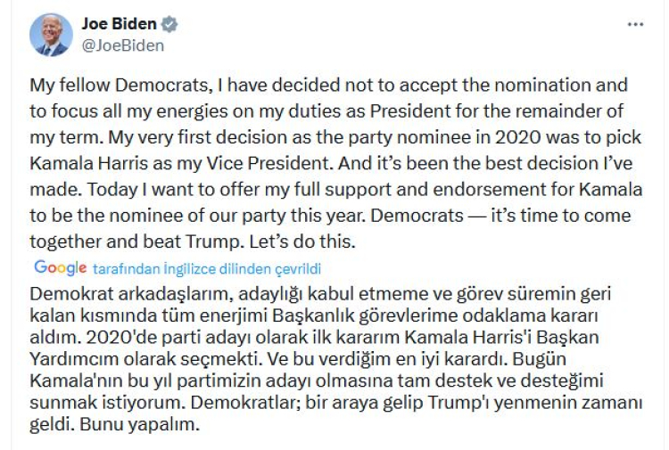 Joe Biden adaylıktan çekildi! Harris'i destekleyecek