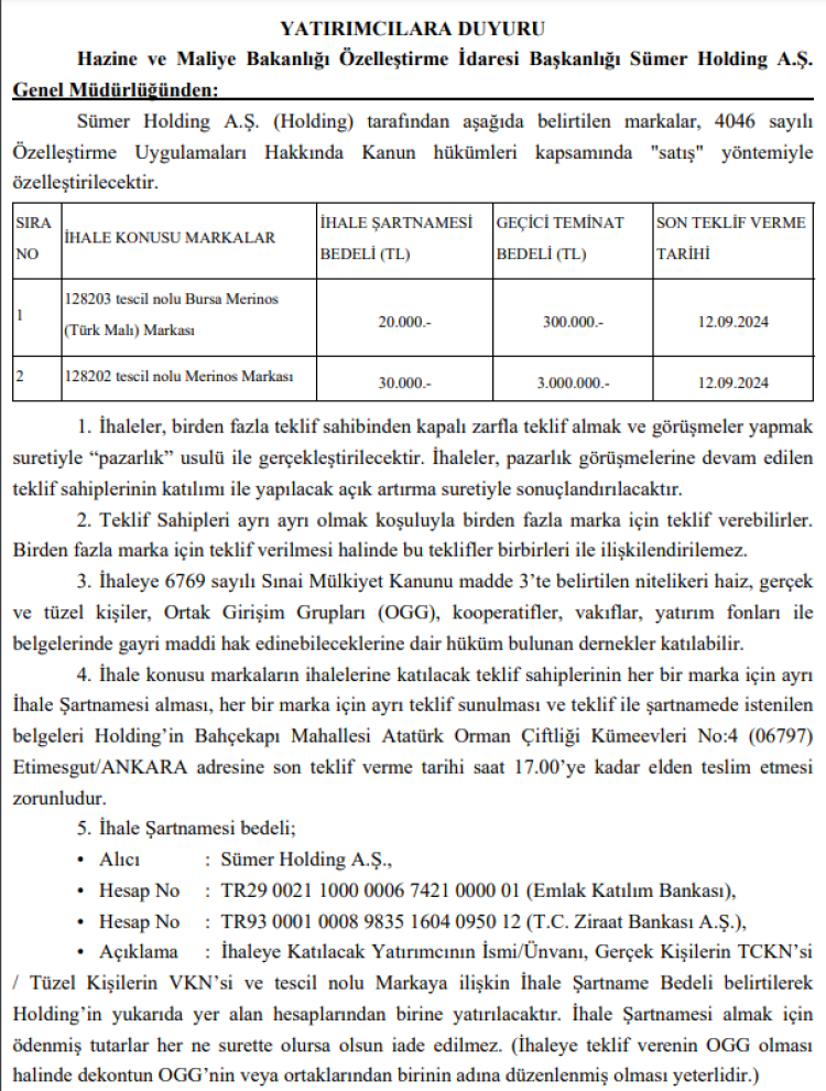 Sümer Holding iki markasını özelleştiriyor