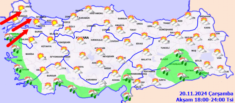 Meteoroloji'den 20 Kasım raporu... Kıyılarda yağmur Marmara'da kuvvetli rüzgar